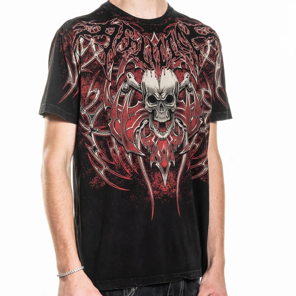 Affliction Mens Large Red & Black Skull Graphic Short Sleeve Crew Neck Tee